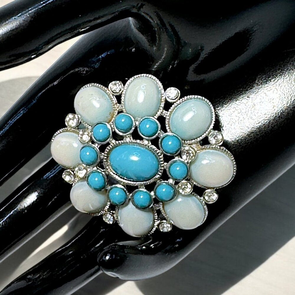 Vintage Round 2 tone Blue Turquoise Silver Tone Brooch Cabochons w/Clear Stones
